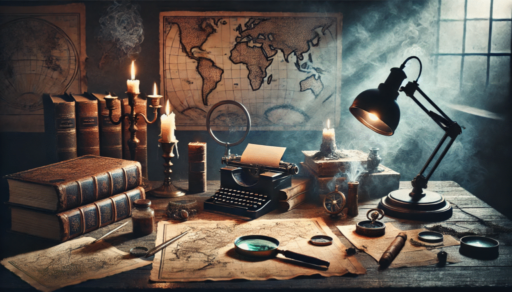 Mesa investigativa com documentos secretos e mapa antigo coberta por névoa — imagem representando a busca por mistérios do mundo real