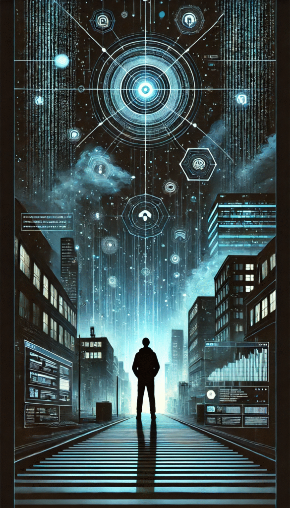 Ilustração cinematográfica de um sistema invisível que controla a sociedade moderna
