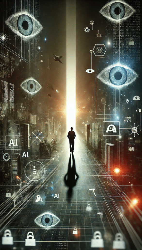 Figura caminhando em direção à luz, deixando para trás uma cidade dominada por inteligência artificial e sistemas de vigilância