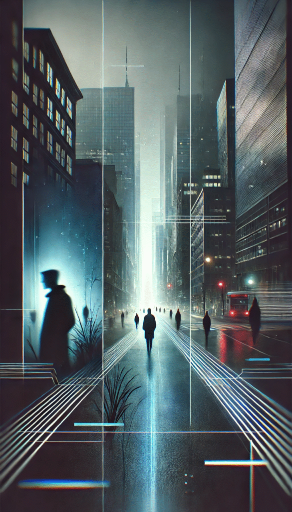 Ilustração cinematográfica de um sistema invisível que controla a sociedade moderna
