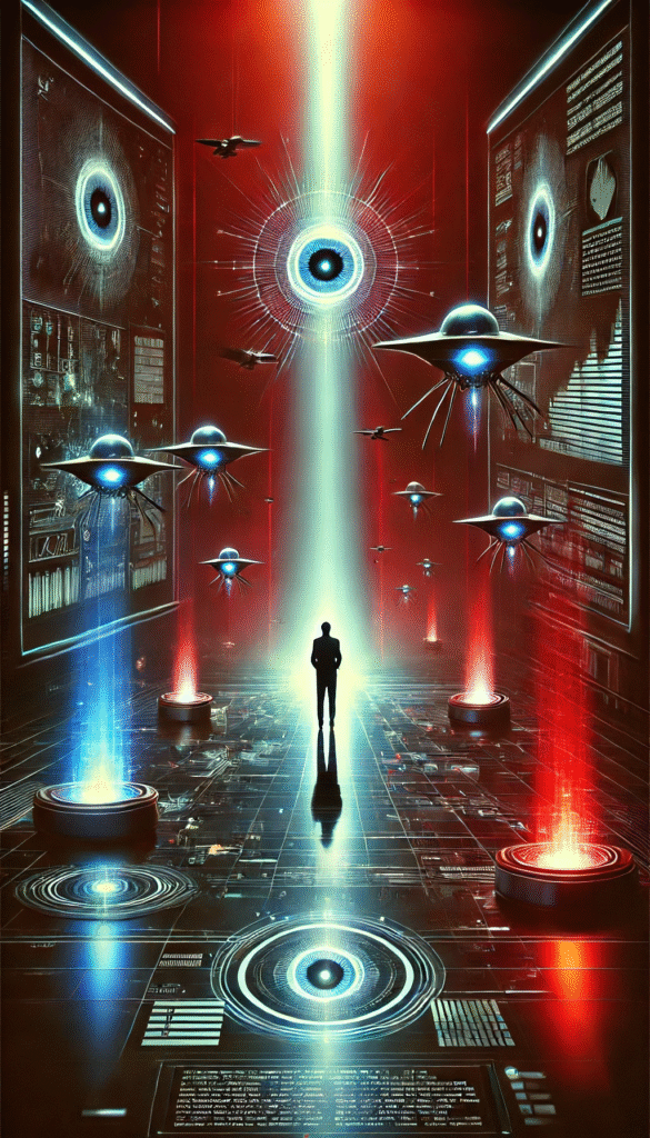 Silhueta solitária diante de uma torre de controle de inteligência artificial em cenário distópico e cinematográfico
