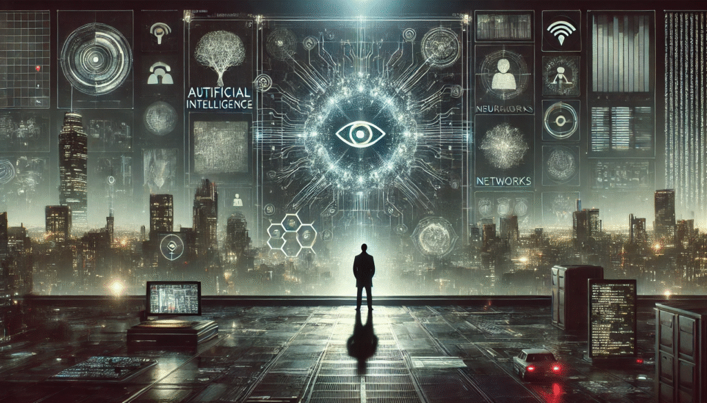 Homem misterioso diante de uma cidade digital controlada por inteligência artificial, com códigos e redes neurais ao fundo