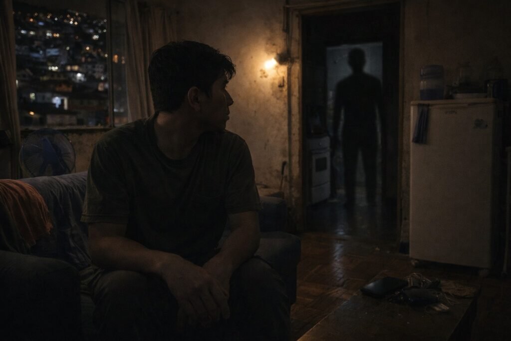 sensação de estar sendo observado durante a noite no quarto com presença ao fundo