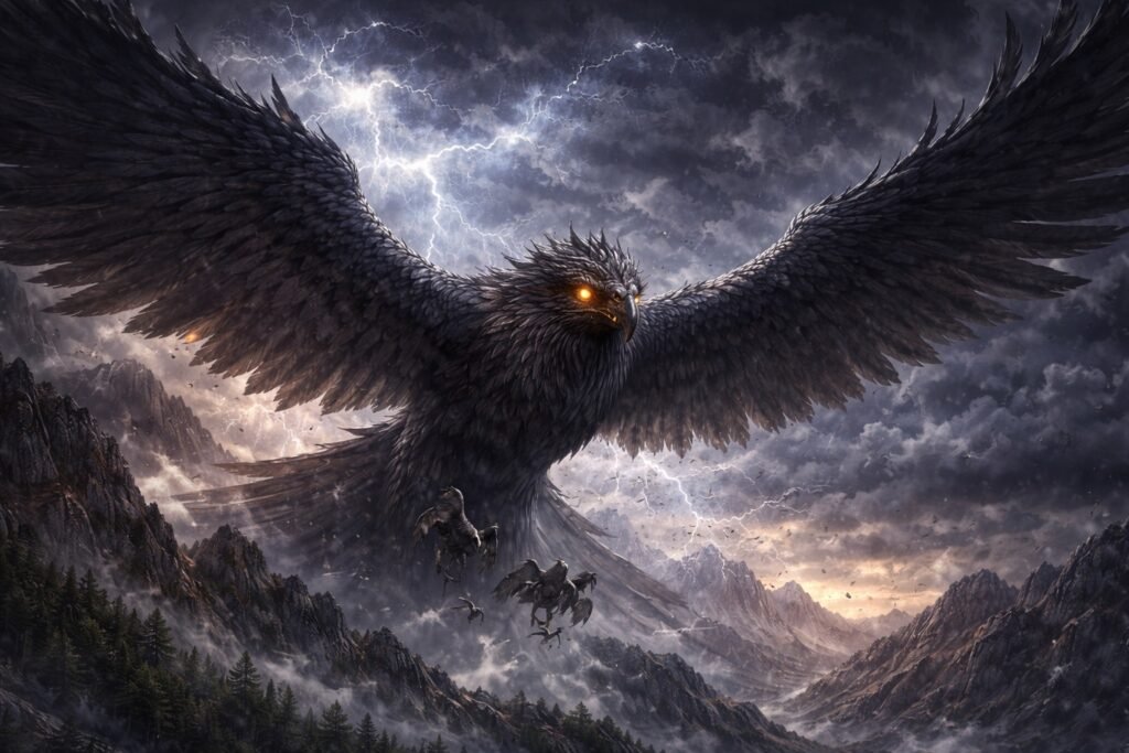 Imagem horizontal de Ziz, a ave colossal da tradição bíblica, com asas gigantes abertas sobre um céu tempestuoso, olhos brilhantes e presença ameaçadora dominando a paisagem montanhosa.