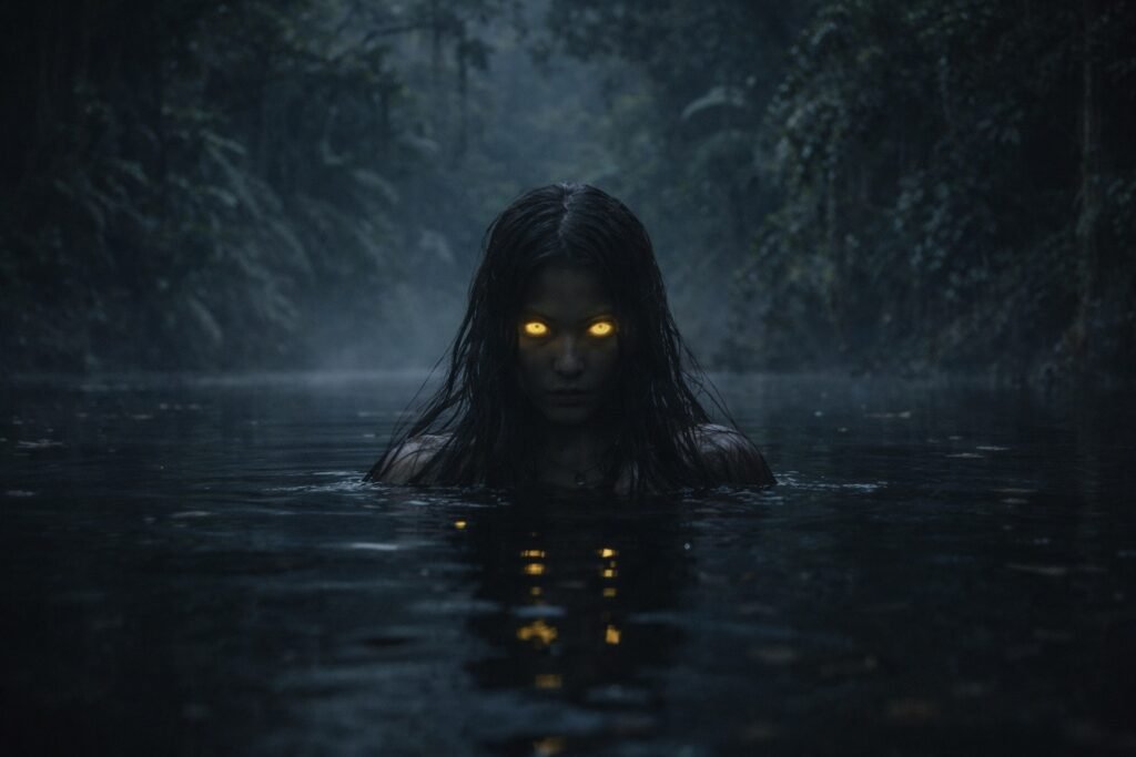 Figura feminina enigmática surgindo da água escura na floresta amazônica à noite, cercada por névoa e atmosfera de lenda e assombro.