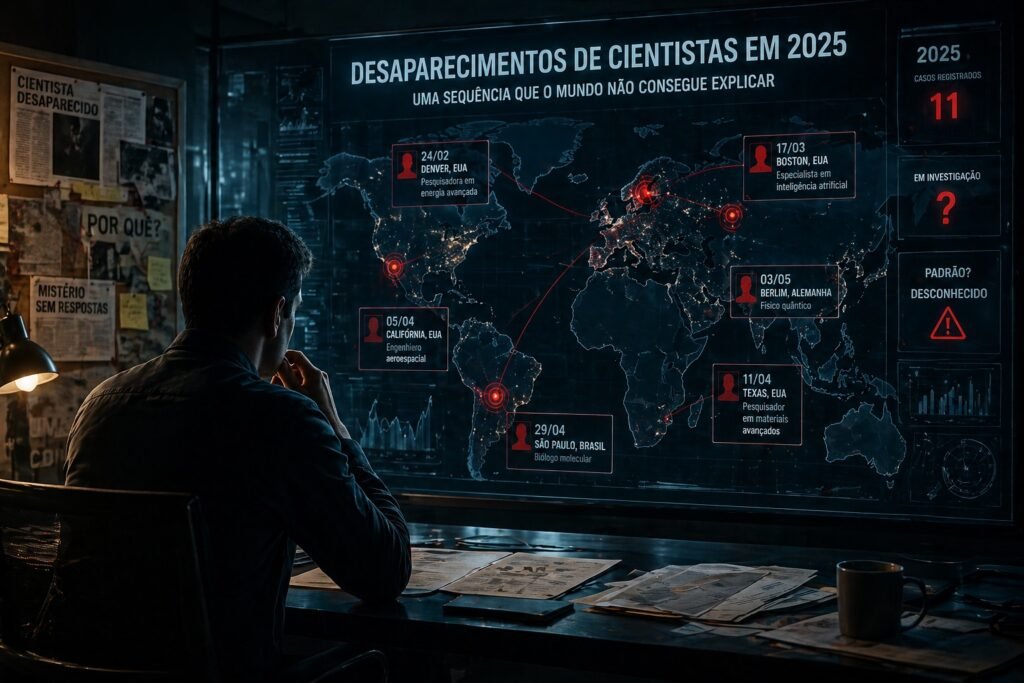 Cientistas desaparecidos em 2025 analisados em sala de investigação com mapa digital, pontos conectados e arquivos misteriosos sobre a mesa.