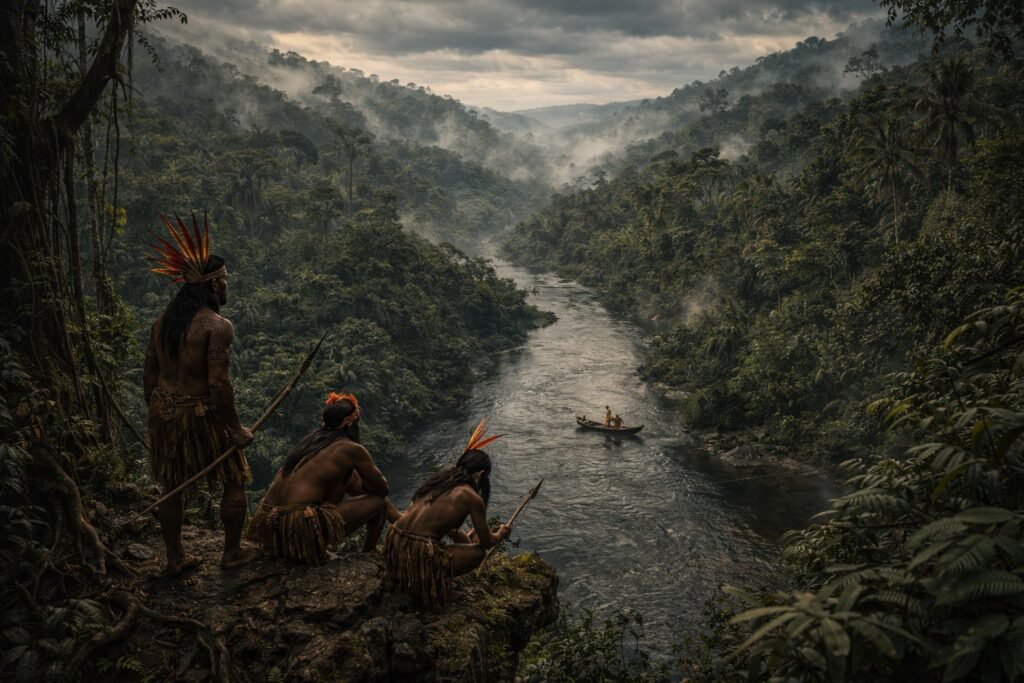 Brasil na época de Jesus com grande rio cercado por floresta densa e observadores em penhasco