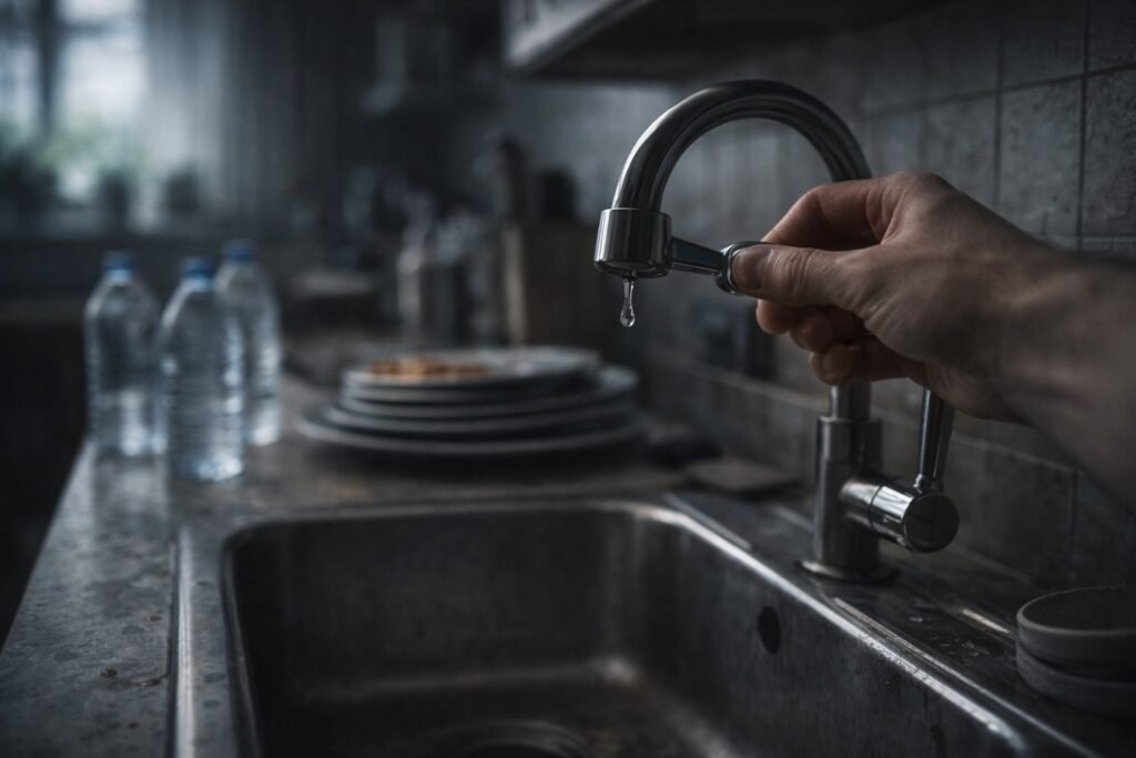 Mão girando a torneira de uma cozinha comum enquanto apenas a última gota de água cai sobre a pia, com garrafas e pratos ao fundo, transmitindo o início da crise doméstica.