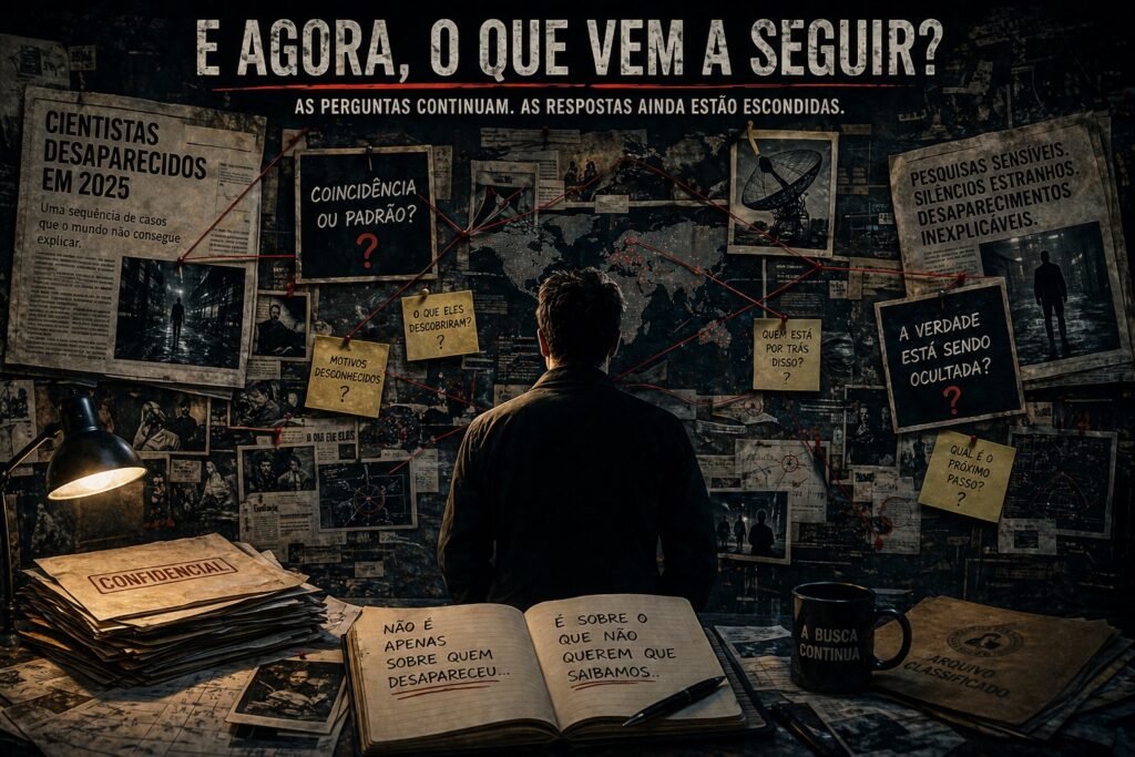 Cientistas desaparecidos em 2025 em mural investigativo com perguntas sem resposta, documentos confidenciais, mapa global e pistas conectadas por fios vermelhos.