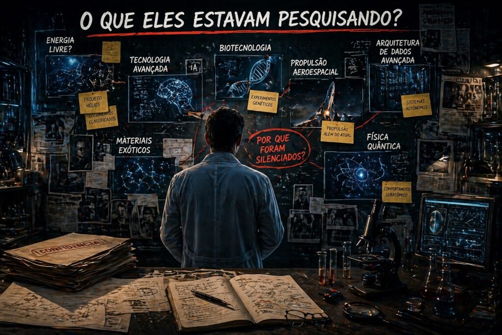 Cientistas desaparecidos em 2025 investigados em laboratório escuro com pesquisas sobre IA, biotecnologia, energia avançada e física quântica.