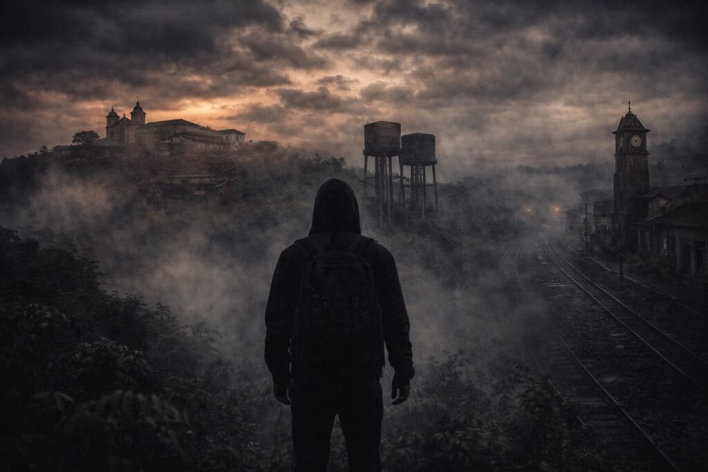 Figura solitária envolta em névoa diante de uma paisagem sombria que reúne igreja no alto da serra, ruínas industriais e trilhos antigos, simbolizando as cidades mais misteriosas do Brasil.