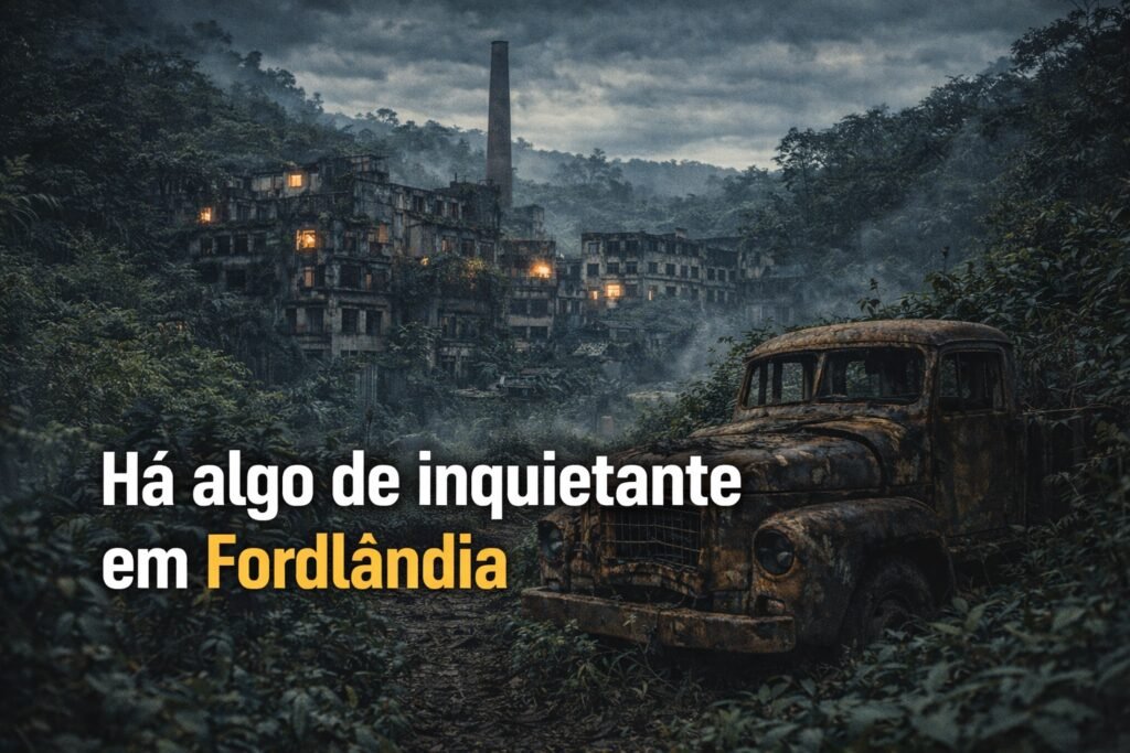 Caminhão enferrujado em primeiro plano e ruínas de Fordlândia ao fundo, cercados pela floresta amazônica sob névoa e céu sombrio, criando uma sensação inquietante de abandono.