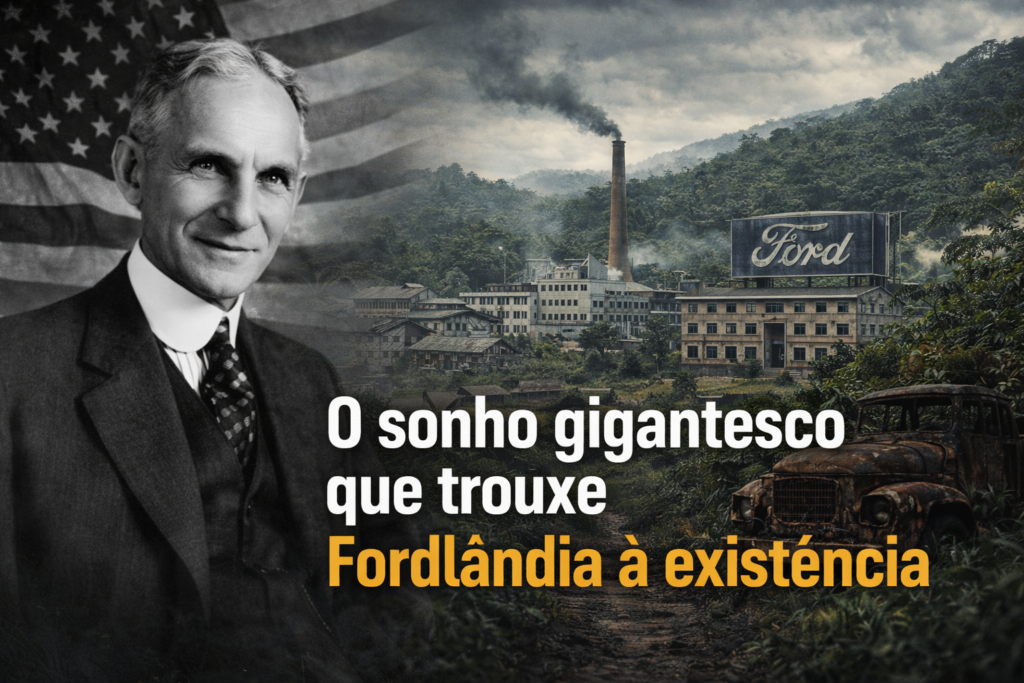 Retrato de Henry Ford ao lado de uma visão idealizada de Fordlândia em seu auge, com fábricas, casas e estruturas industriais surgindo no meio da floresta amazônica.