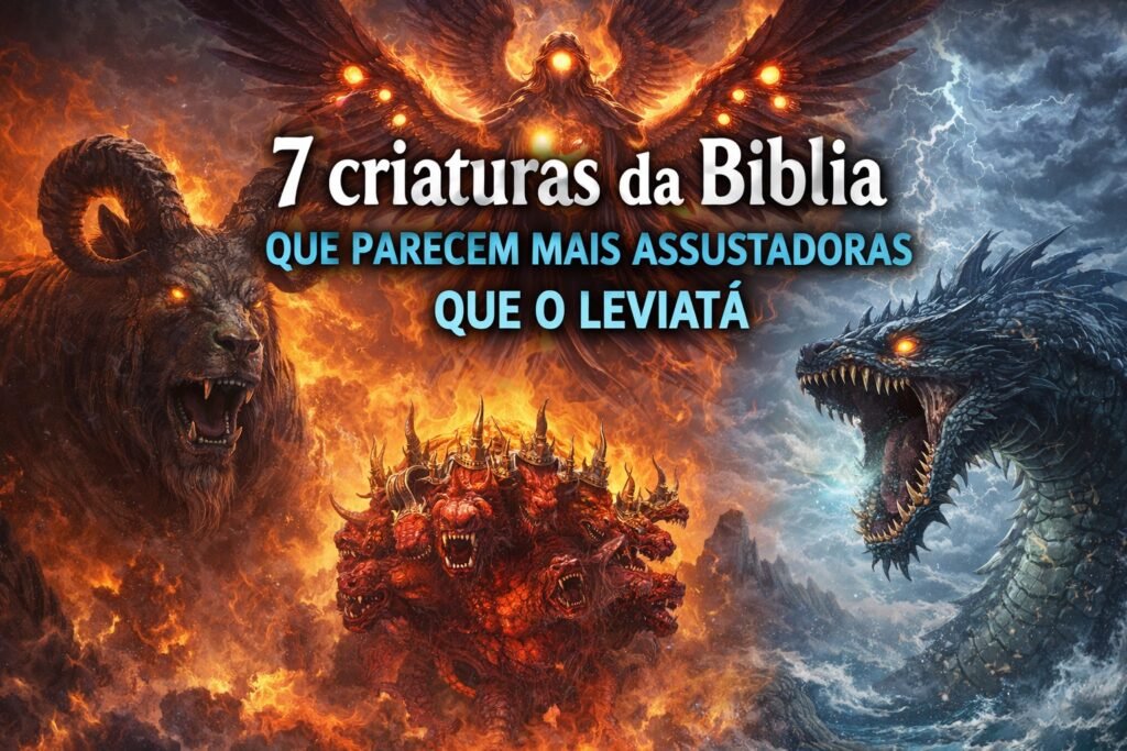 Imagem de capa mostrando criaturas bíblicas assustadoras em cenário apocalíptico, com destaque para Leviatã emergindo do mar, uma besta de várias cabeças em chamas, uma criatura alada luminosa e um ser monstruoso com chifres, em composição dramática e sombria.