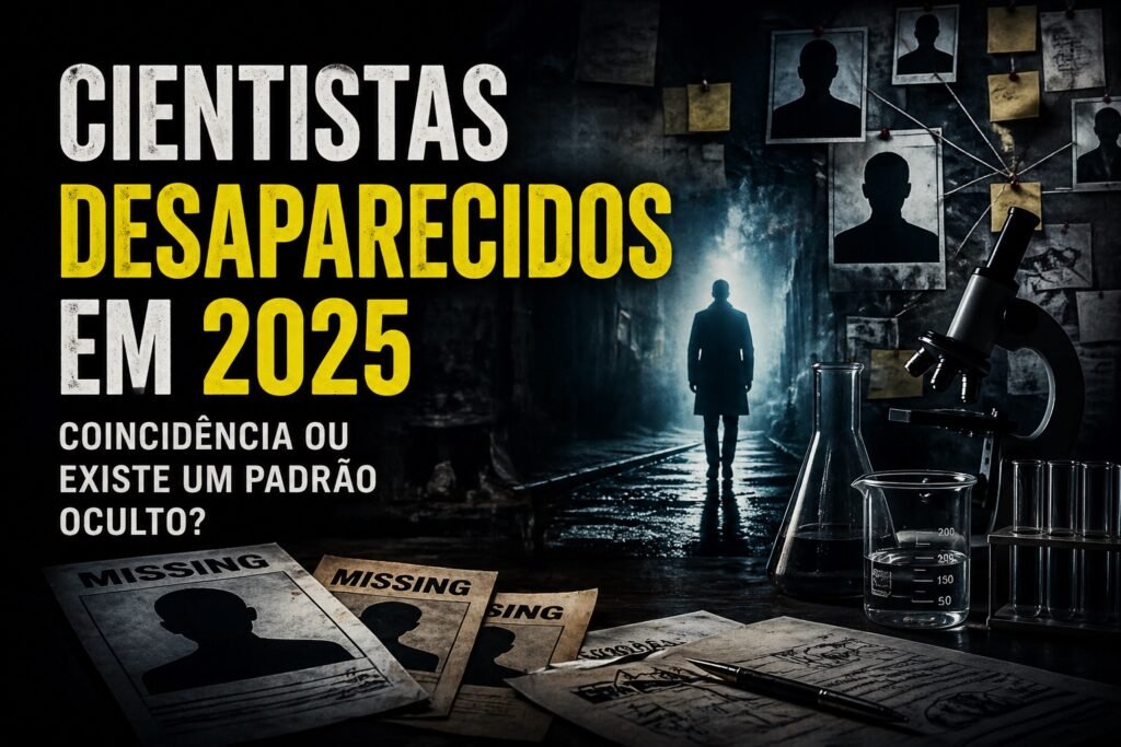 Cientistas desaparecidos em 2025 em imagem investigativa com laboratório escuro, fotos de desaparecidos, documentos secretos e figura misteriosa ao fundo.