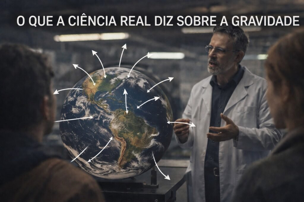 Cientista explicando a gravidade ao lado de um globo terrestre em ambiente de laboratório, representando a visão científica sobre o boato.