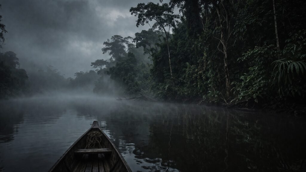 Canoa isolada em um rio escuro da Amazônia cercado por névoa e floresta densa, criando uma sensação de silêncio e mistério