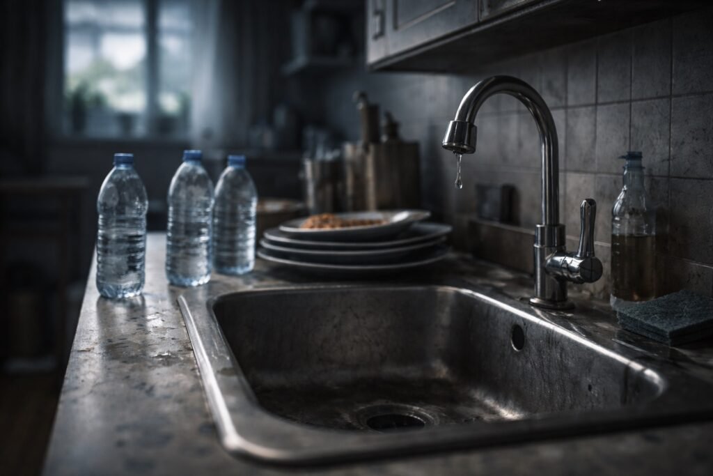 Cozinha comum em início de crise por falta de água, com torneira pingando a última gota sobre pia vazia, algumas garrafas plásticas na bancada e pratos acumulados ao fundo.