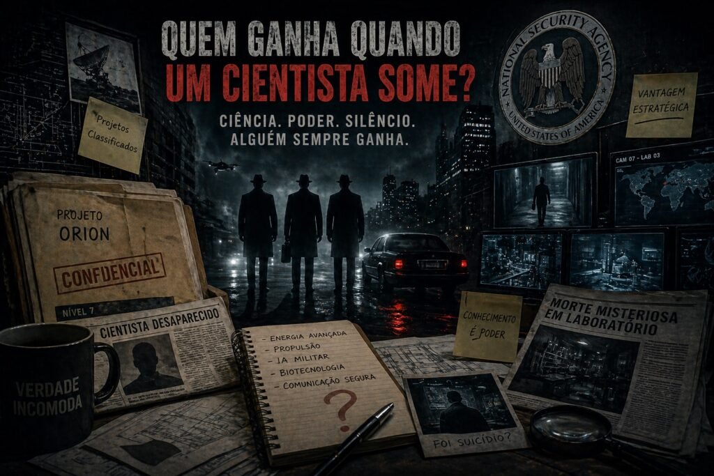 Cientistas desaparecidos em 2025 em cenário de conspiração com agentes sombrios, documentos confidenciais e a pergunta sobre quem ganha com o silêncio.