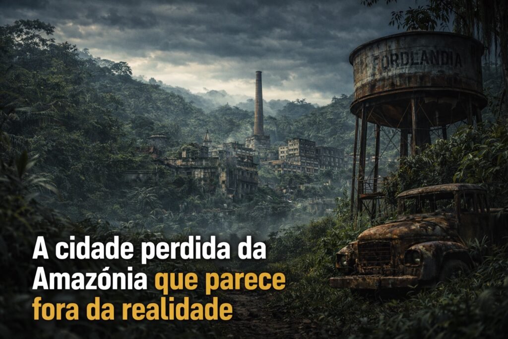 Ruínas industriais de Fordlândia cercadas pela floresta amazônica, com torre enferrujada e caminhão abandonado sob um céu escuro, criando uma sensação de cidade perdida e fora da realidade.