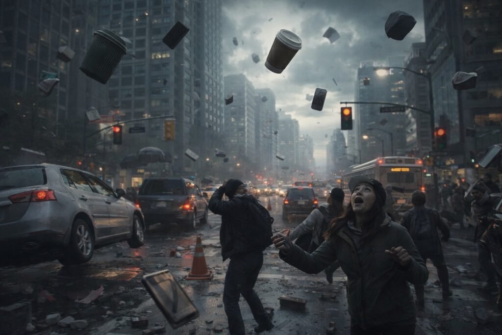Cena urbana cinematográfica com objetos flutuando e pessoas em choque durante um suposto colapso temporário da gravidade.