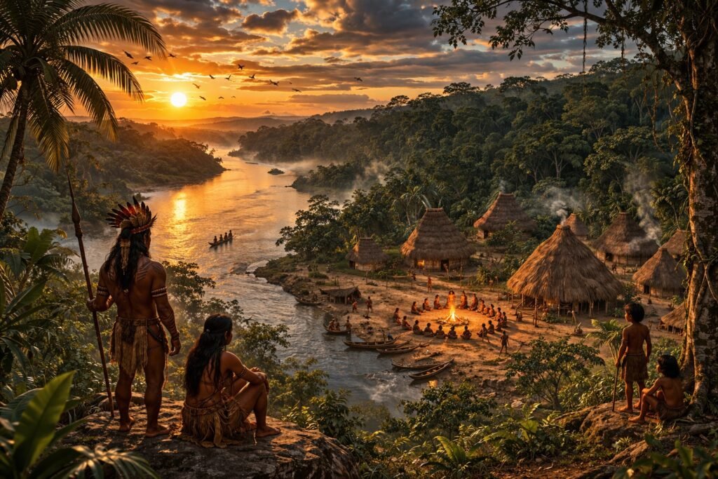 Brasil na época de Jesus com aldeia antiga, rio e floresta tropical intocada ao pôr do sol