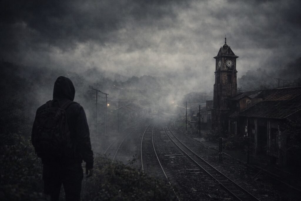 Figura solitária diante dos trilhos e da torre de relógio de Paranapiacaba cobertos por névoa escura, criando uma atmosfera silenciosa e inquietante.