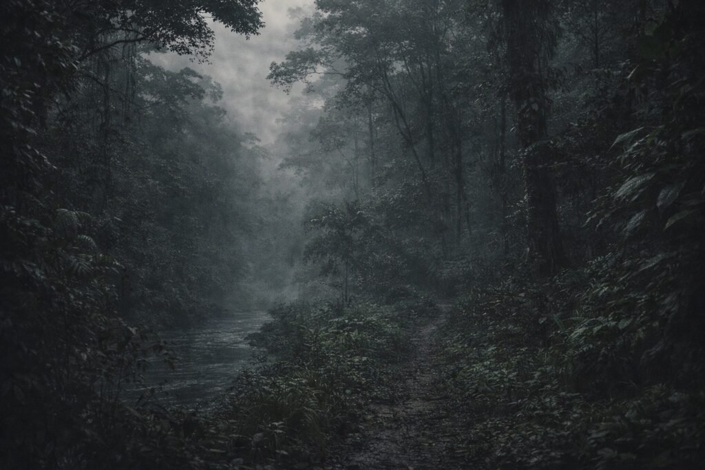 Trilha estreita e rio escuro desaparecendo na névoa dentro da floresta amazônica densa, com atmosfera sombria e sensação de isolamento.