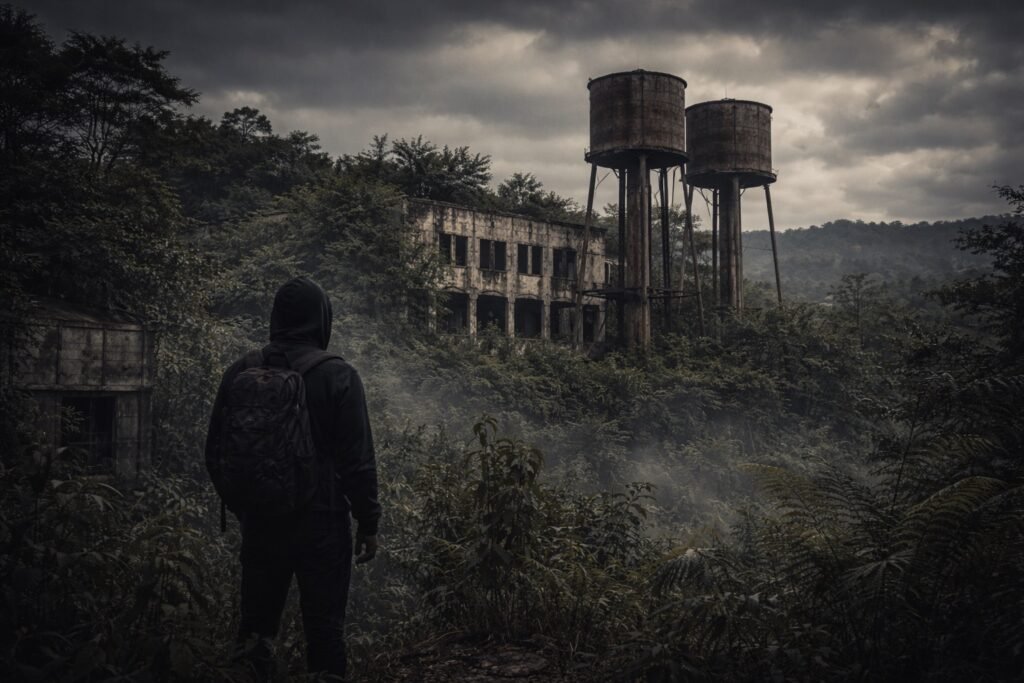 Figura solitária diante das ruínas abandonadas de Fordlândia, com torres enferrujadas e vegetação da Amazônia tomando conta do lugar sob um céu escuro.