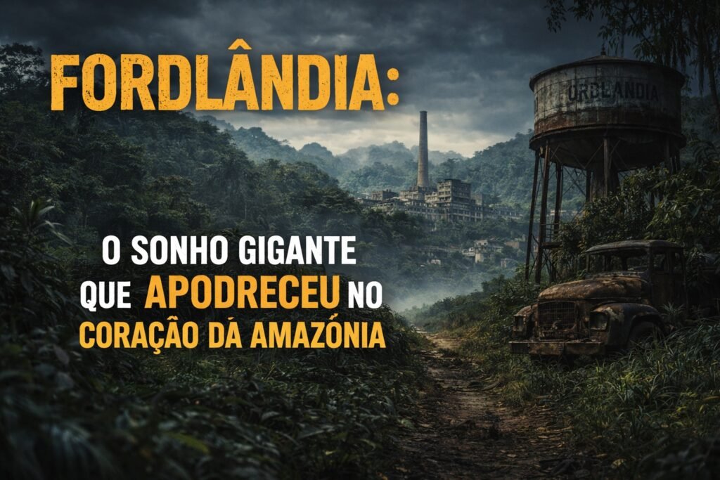 Ruínas de Fordlândia cercadas pela floresta amazônica, com torre enferrujada, caminhão abandonado e céu escuro, criando uma atmosfera de decadência e mistério